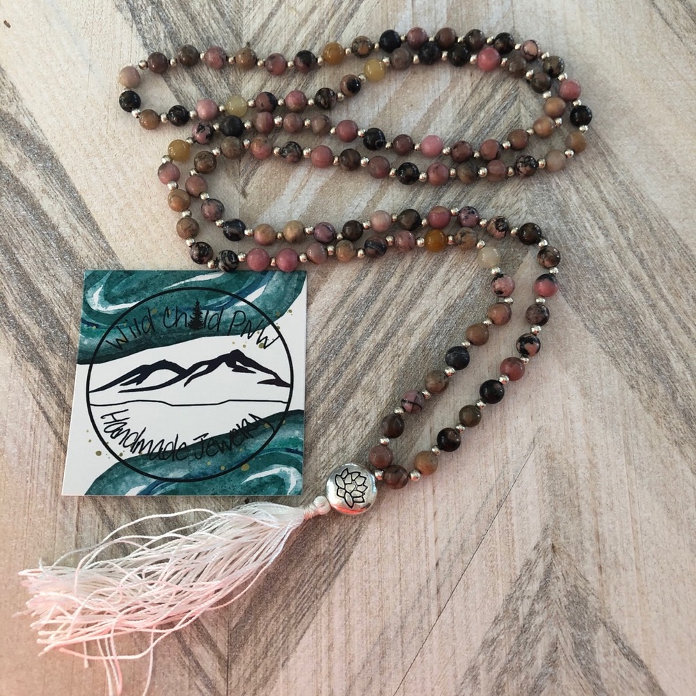 Pink Rhodonite Stone Mala Silk Tassel Necklace